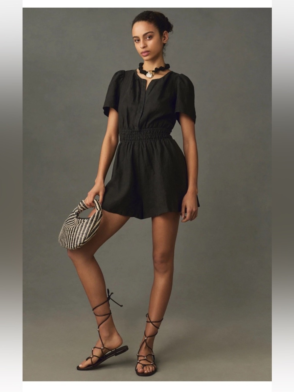 Anthropologie |Somerset Linen Romper ~ ~~ Smocked Waist/   ~ Size L